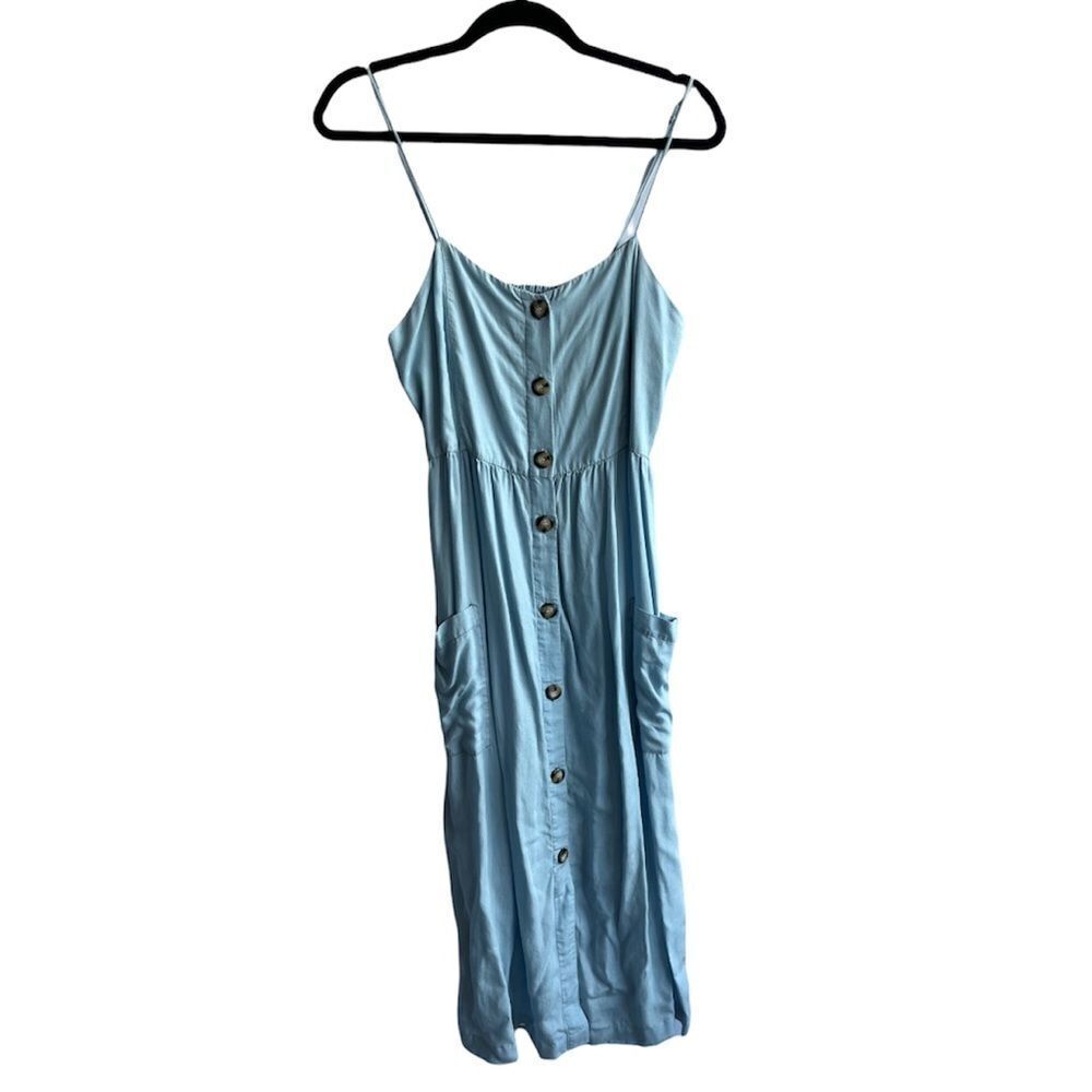 Zara TRF Light Blue Button Front Midi Dress